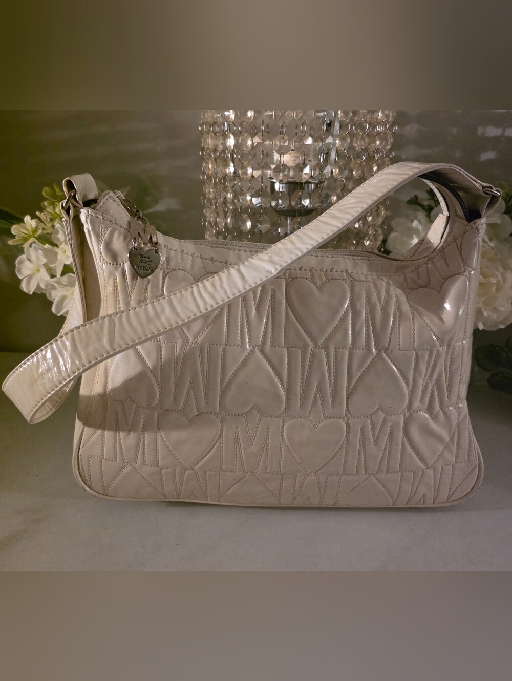 Moschino Cream Patent Quilted Heart Shoulder Bag Y2K Style